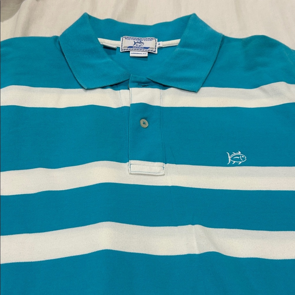 Southern Tide Teal and White Striped Polo